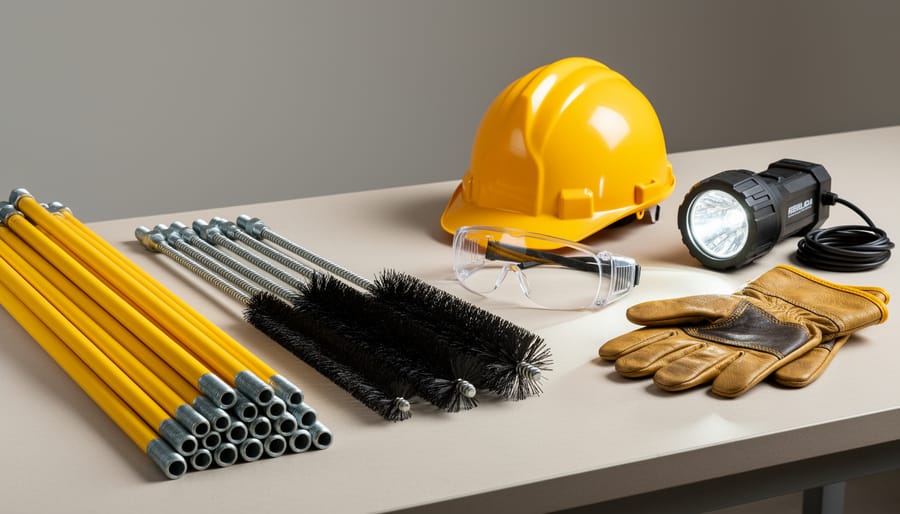 Chimney cleaning and inspection tools arranged on wooden surface including brushes, rods, and safety gear