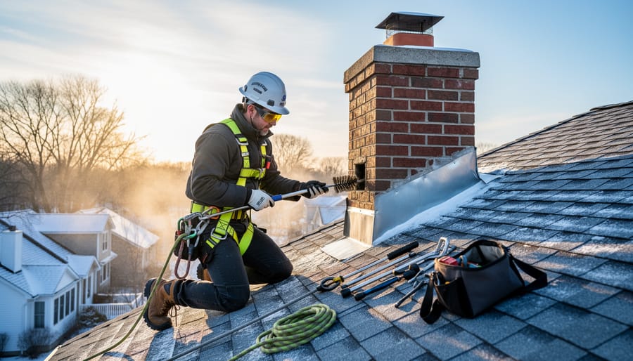 Homeowner safely cleaning chimney from rooftop while wearing safety harness in winter conditions