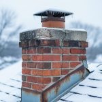 Close-up of a red brick chimney on a snowy roof with cracked mortar, spalling crown, iced-over cap, and lifted metal flashing, photographed from a slight low angle in overcast winter light; blurred leafless trees and rooftops in the background.