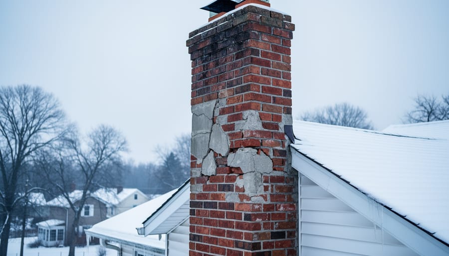 Brick chimney on snowy roof showing cracks and deterioration from winter weather