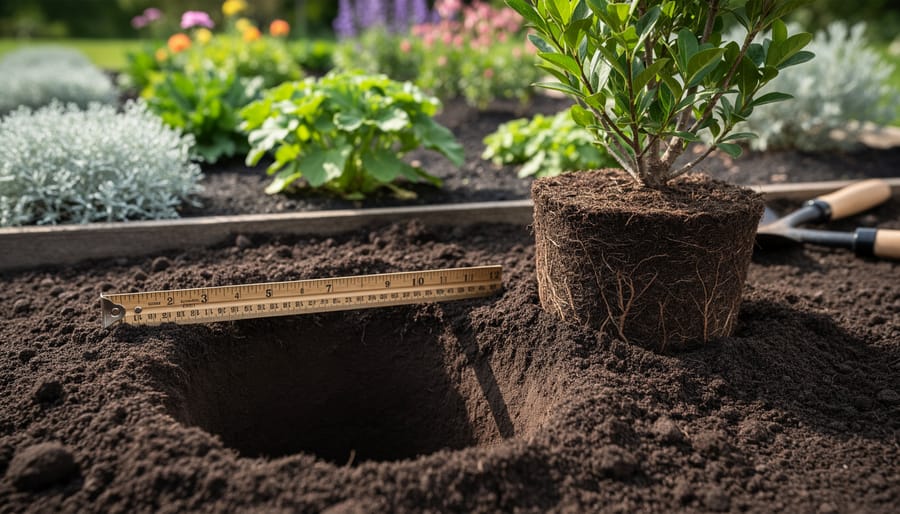 Gardener digging wide circular planting hole with shovel in residential yard