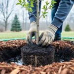 Gloved hands position a young deciduous tree in a wide hole with the root flare slightly above ground, burlap removed, a donut-shaped wood-chip mulch ring, and a hose watering deeply; a cool overcast northern backyard with leafless trees and conifers is softly blurred behind.