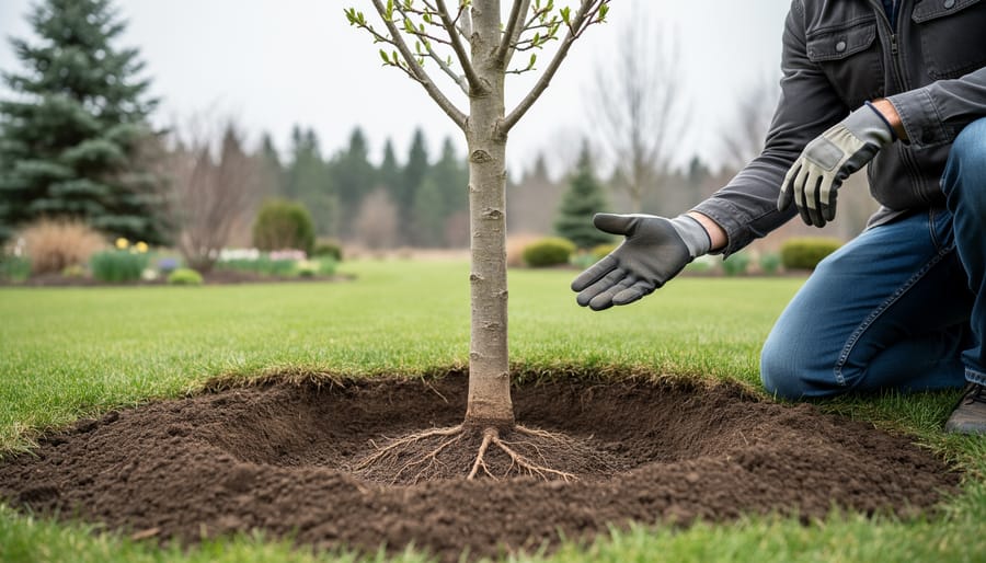 Tree root ball positioned at proper planting depth showing root flare at soil line