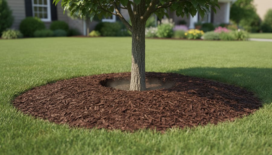 Newly planted tree with wood chip mulch ring applied in correct donut pattern around base