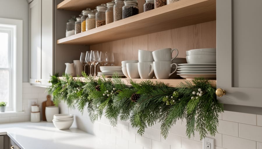 Evergreen garland with small ornaments and warm lights draped across open kitchen shelving