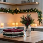 Warm holiday decorating in a kitchen with evergreen garland on open shelving, festive linen tea towels, a mason-jar centerpiece, and soft glowing flameless candles.