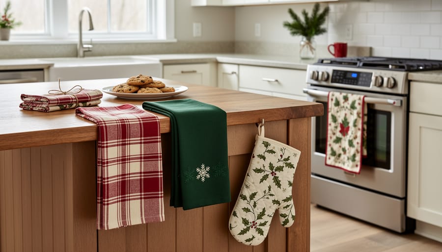 Festive holiday tea towels, pot holders, and a winter table runner on a kitchen counter