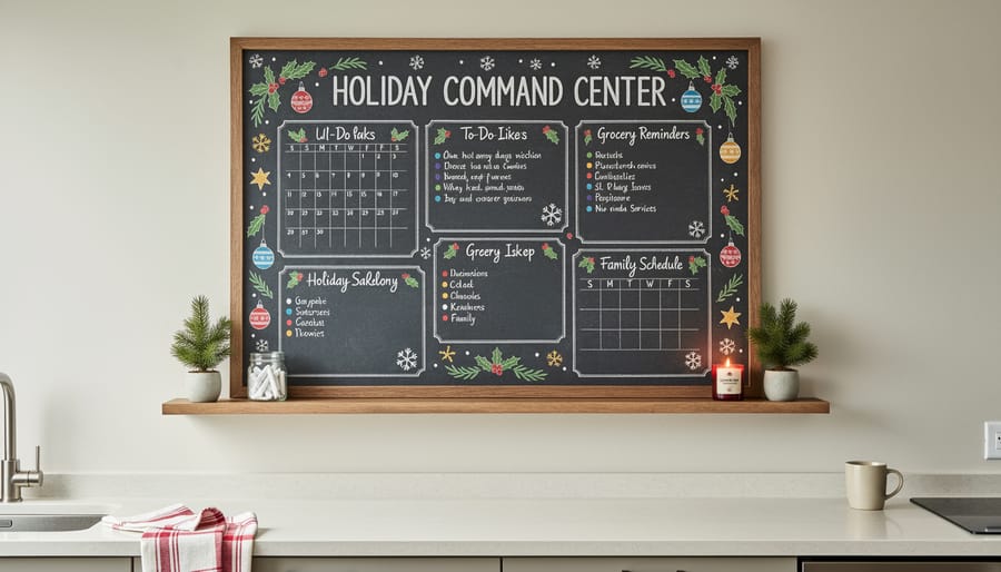 Holiday-themed chalkboard command center in a kitchen with decorative magnets and winter accents