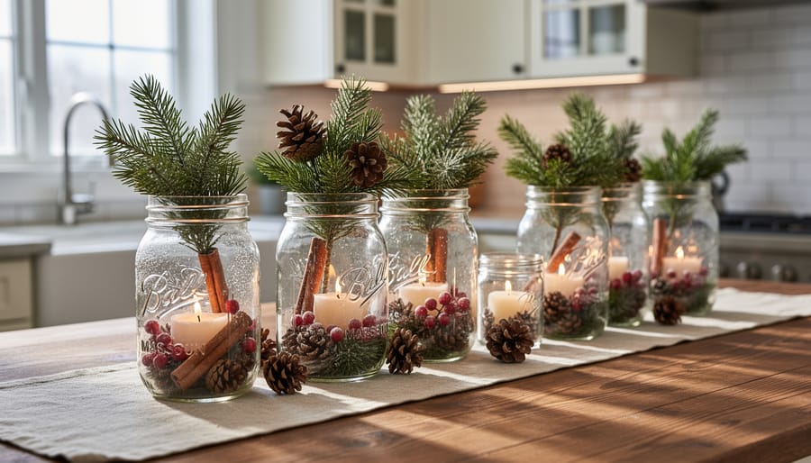 Mason jars filled with pine branches, cranberries, and cinnamon sticks as a rustic holiday centerpiece