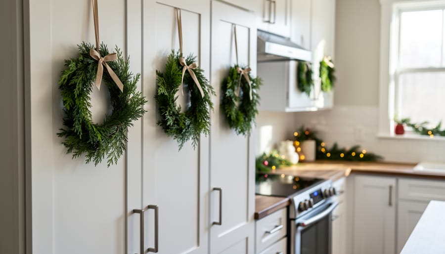 Mini wreaths hanging on cabinet doors in a holiday-decorated kitchen