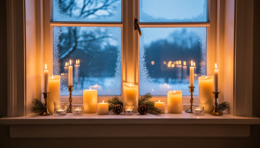 Symmetrical holiday candle arrangement on a kitchen window sill with greenery and berries
