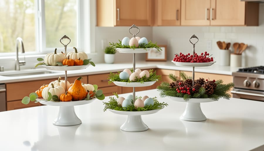Tiered cake stand with pine cones, evergreen sprigs, ornaments, and candles as holiday display
