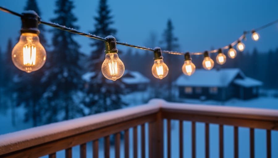 Warm Edison bulb string lights glowing above kitchen cabinets