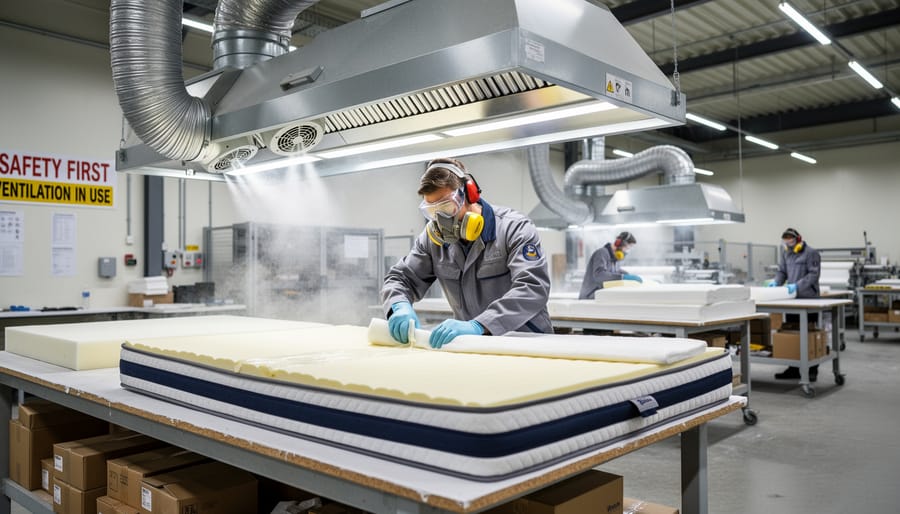 Gloved person wearing a respirator spraying adhesive in a ventilated workshop