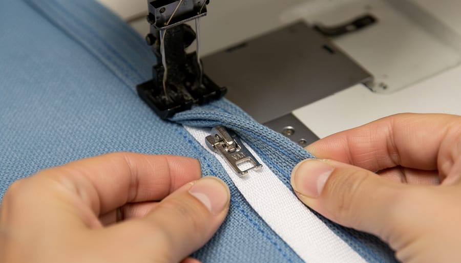 Close-up of a zipper aligned between two fabric panels before sewing
