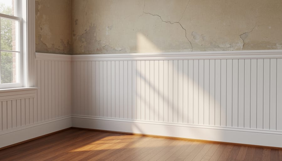 Close view of wainscoting or beadboard paneling in a small older bathroom