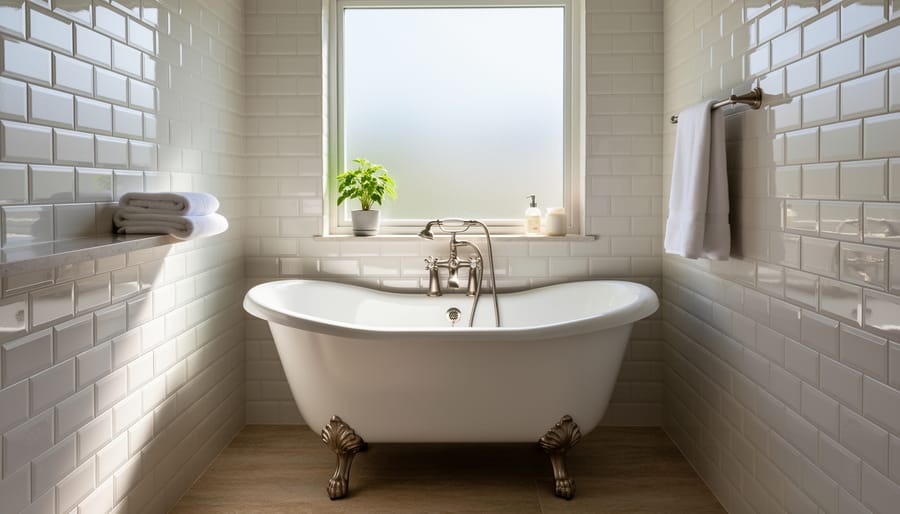 Compact clawfoot or freestanding soaking tub in a small older bathroom with vintage finishes