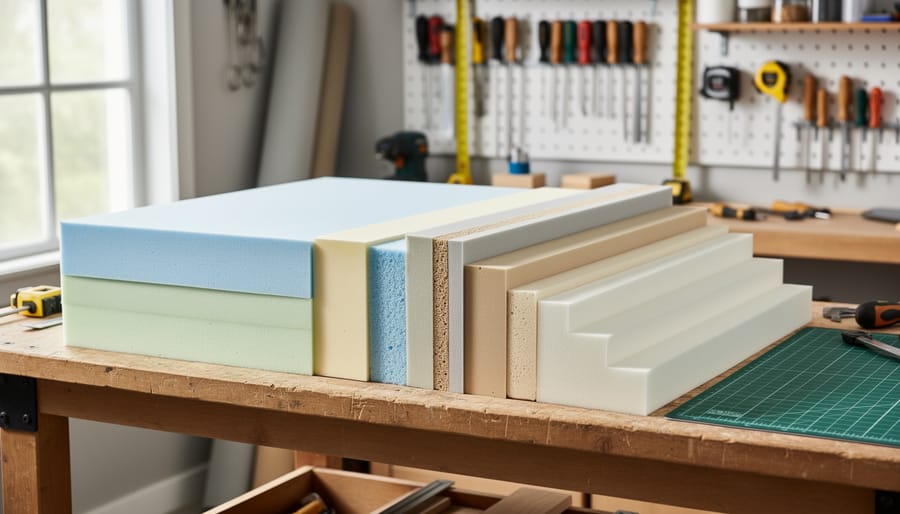 Stack of DIY mattress foam layers on a workshop floor with sewing and measuring supplies in the background