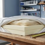 Layered foam and wool batting inside an open white fabric mattress cover on a tidy workshop worktable, photographed in soft natural light.