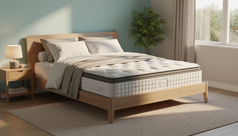 DIY mattress in a fitted washable cover on a bed in a cozy bedroom setting