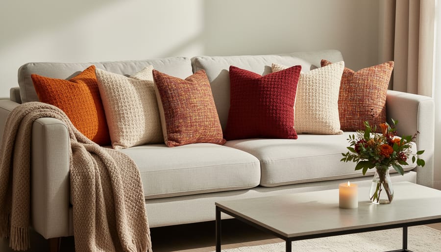 Finished no-sew throw pillow covers in cozy fabrics on a couch in soft daylight.