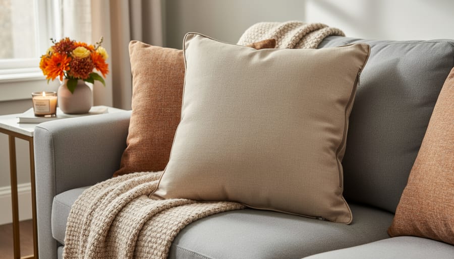 Finished throw pillow with a visible zipper seam on a couch in a cozy living room
