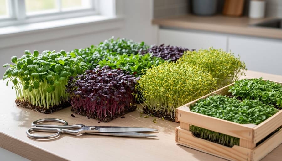 Fresh micro herbs harvested from indoor trays placed on a cutting board with scissors nearby.