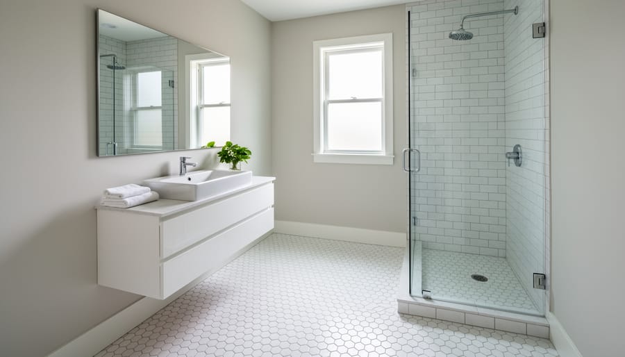 Small bathroom floor with hexagon or subway tile pattern and detailed grout lines