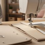 “Close-up of pinned fabric rectangles and a lapped zipper next to a sewing machine with a zipper foot, arranged on a tidy sewing table.”
