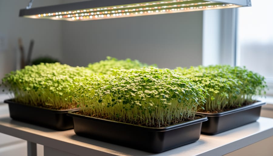 Indoor trays of micro herbs growing under a grow light with vibrant green leaves.