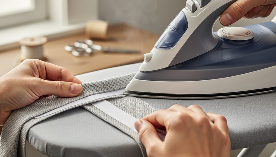 Hands applying iron-on hem tape to the edge of felt fabric on an ironing board.