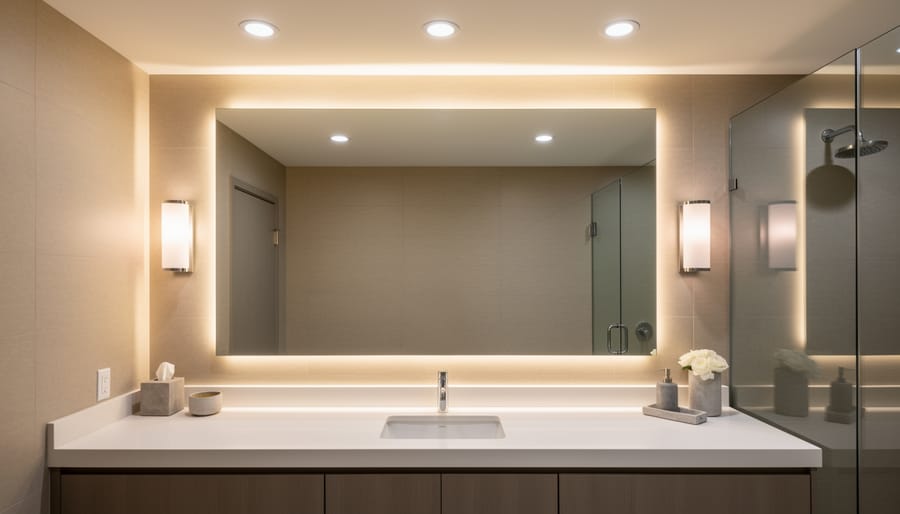 Layered vintage-inspired bathroom lighting with mirror sconces and ambient ceiling light