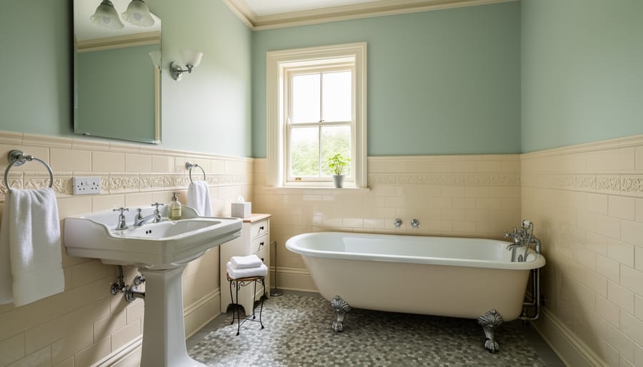 Light-colored painted walls and glossy trim in a small older bathroom