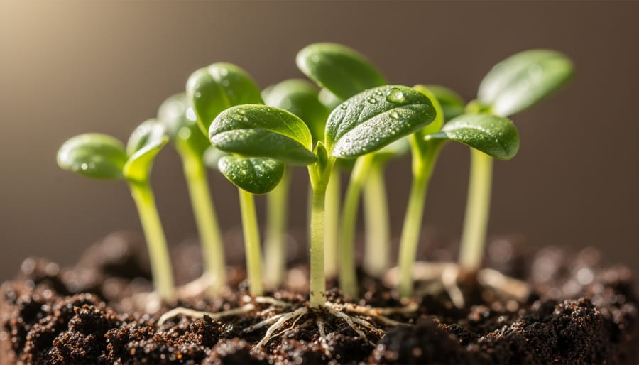 Close-up of micro herb seedlings emerging from soil in a shallow tray.