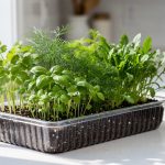 Close-up of micro herb seedlings growing in a shallow tray on a sunny windowsill, showing tiny basil, cilantro, dill, and arugula greens.