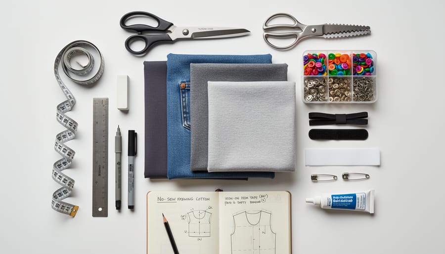 No-sew pillow cover materials laid out on a work table including fabric, scissors, tape measure, and fabric glue.