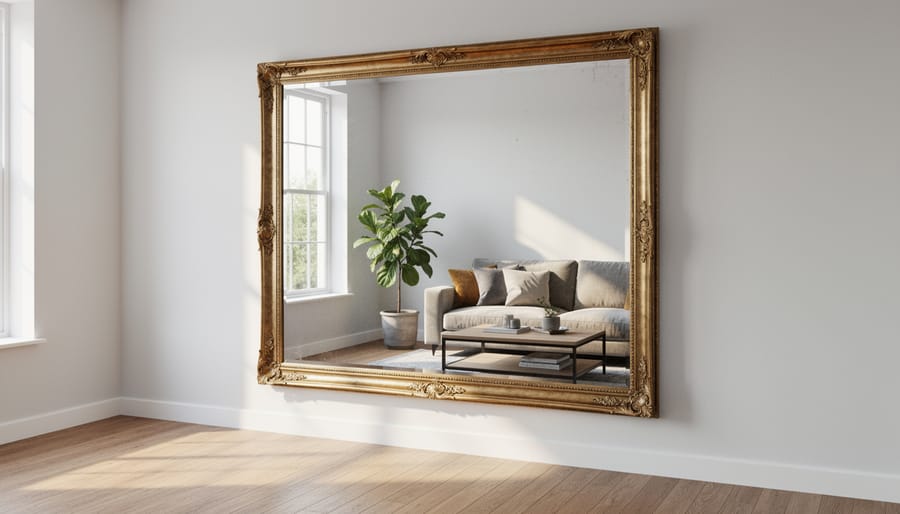 Oversized vintage beveled mirror above a sink in a small older bathroom