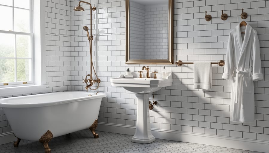 Vintage-style brass and matte black bathroom fixtures and hardware