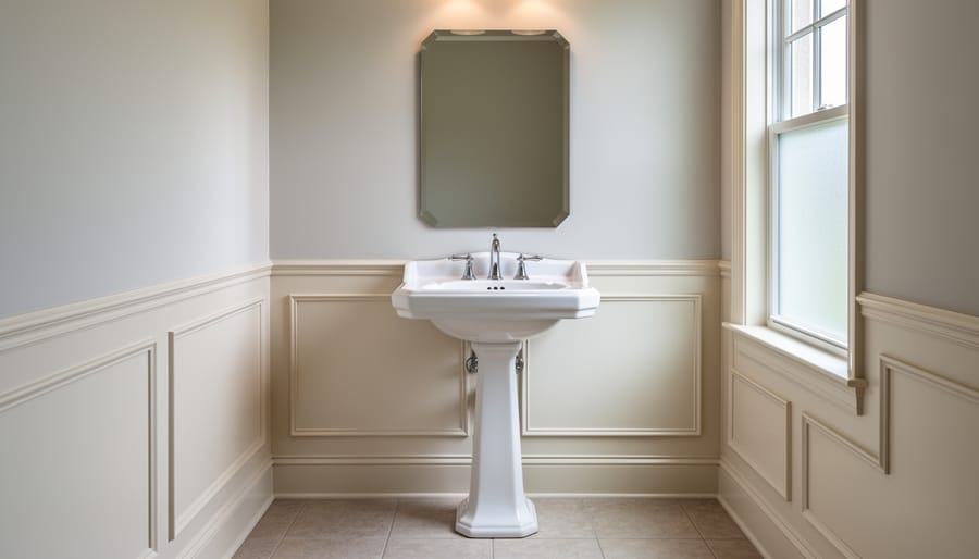 Vintage-inspired pedestal sink with a wall-mounted medicine cabinet in a small older bathroom