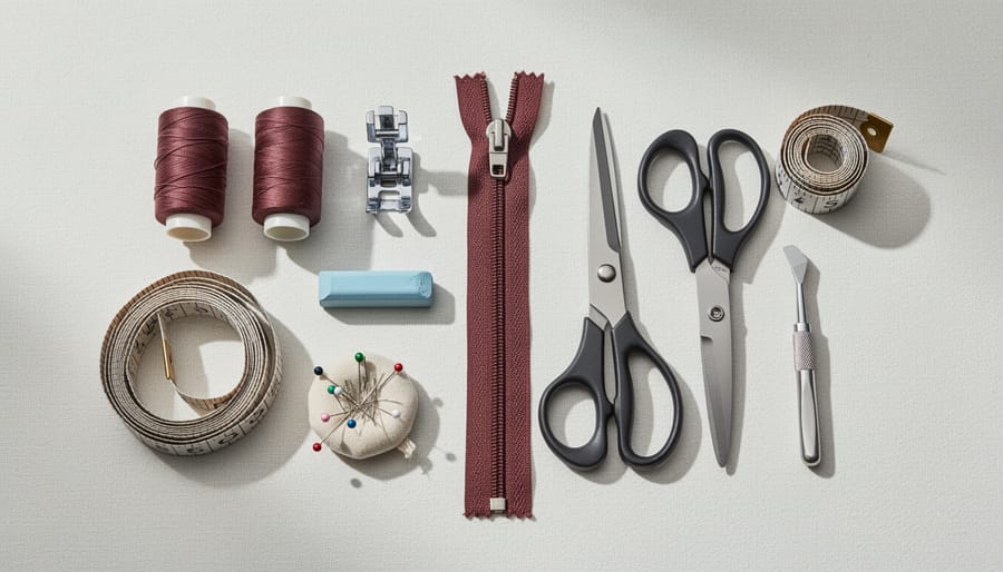 Hands arranging sewing tools and zipper notions on a table for making a zippered throw pillow cover