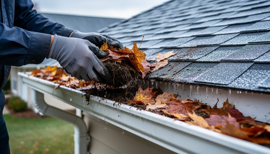 Sweeping leaves and debris from a home's gutter before winter