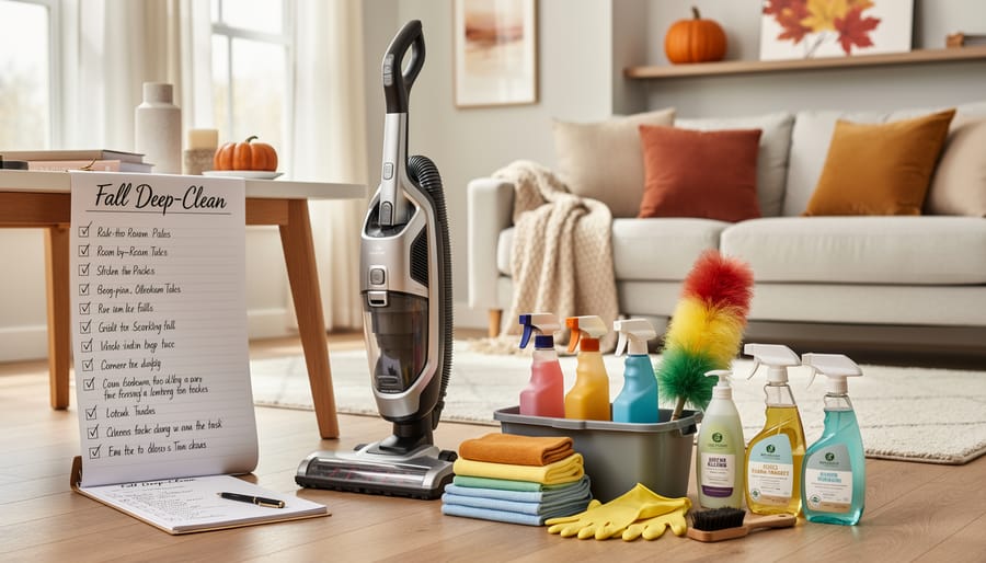 Microfiber cloth, gloves, spray bottle, and a stack of blank cleaning checklist papers on a coffee table in a living room