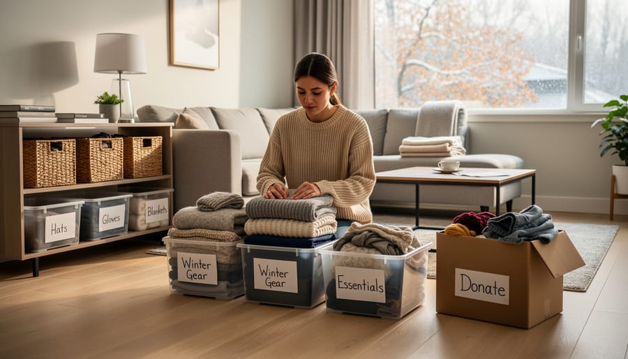 Closet organization with folded fall sweaters and storage bins