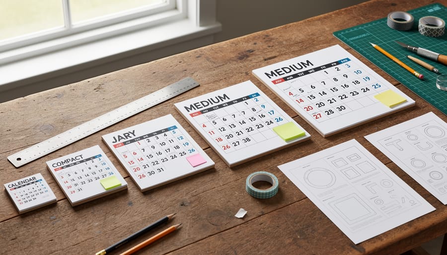 Three DIY desk calendar prototypes of different sizes on a wooden desk with tools in the background