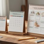 “Three different DIY desk calendar prototypes of varying sizes laid side by side on a wooden worktable with craft tools blurred in the background.”