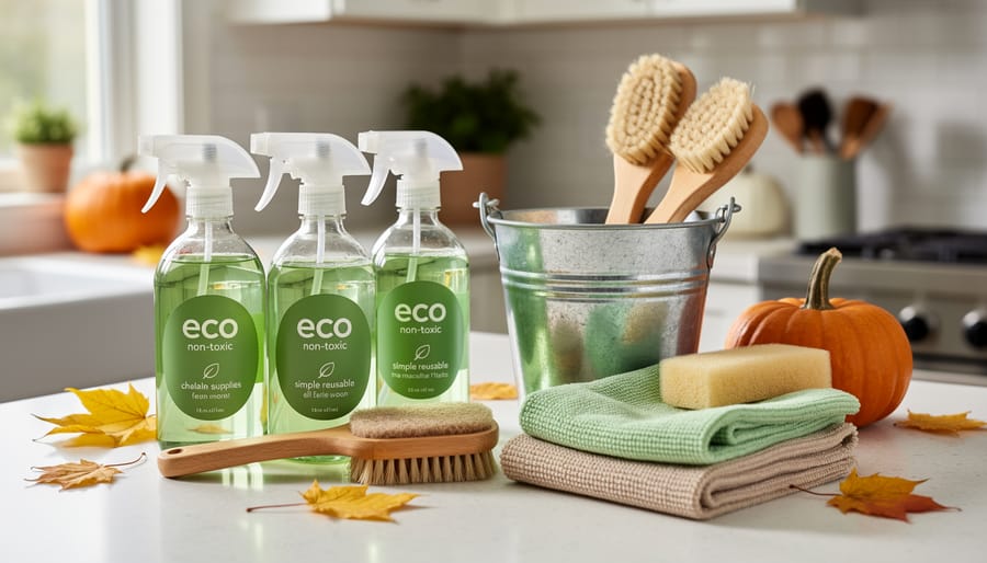 Eco-friendly cleaning supplies including reusable microfiber cloth and unlabelled glass spray bottles on a kitchen counter