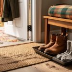 Cozy fall entryway with a mud-dusted doormat, clean boots, and warm plaid accents preparing a northern home for winter.