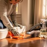 Cozy northern home fall cleaning scene with a person wiping baseboards using microfiber cloth and cleaning supplies on a hardwood floor.
