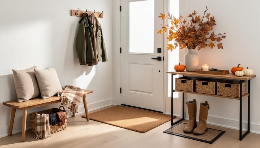 Cozy fall entryway with a doormat, autumn leaves, and cleaning supplies near a window