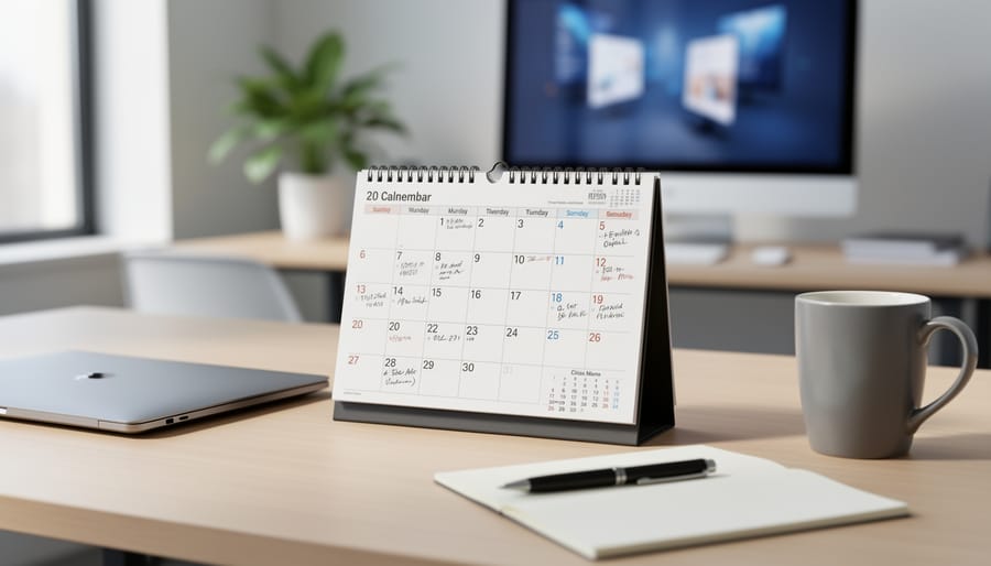 Finished desk calendar standing on a desk in a home office with soft sunlight
